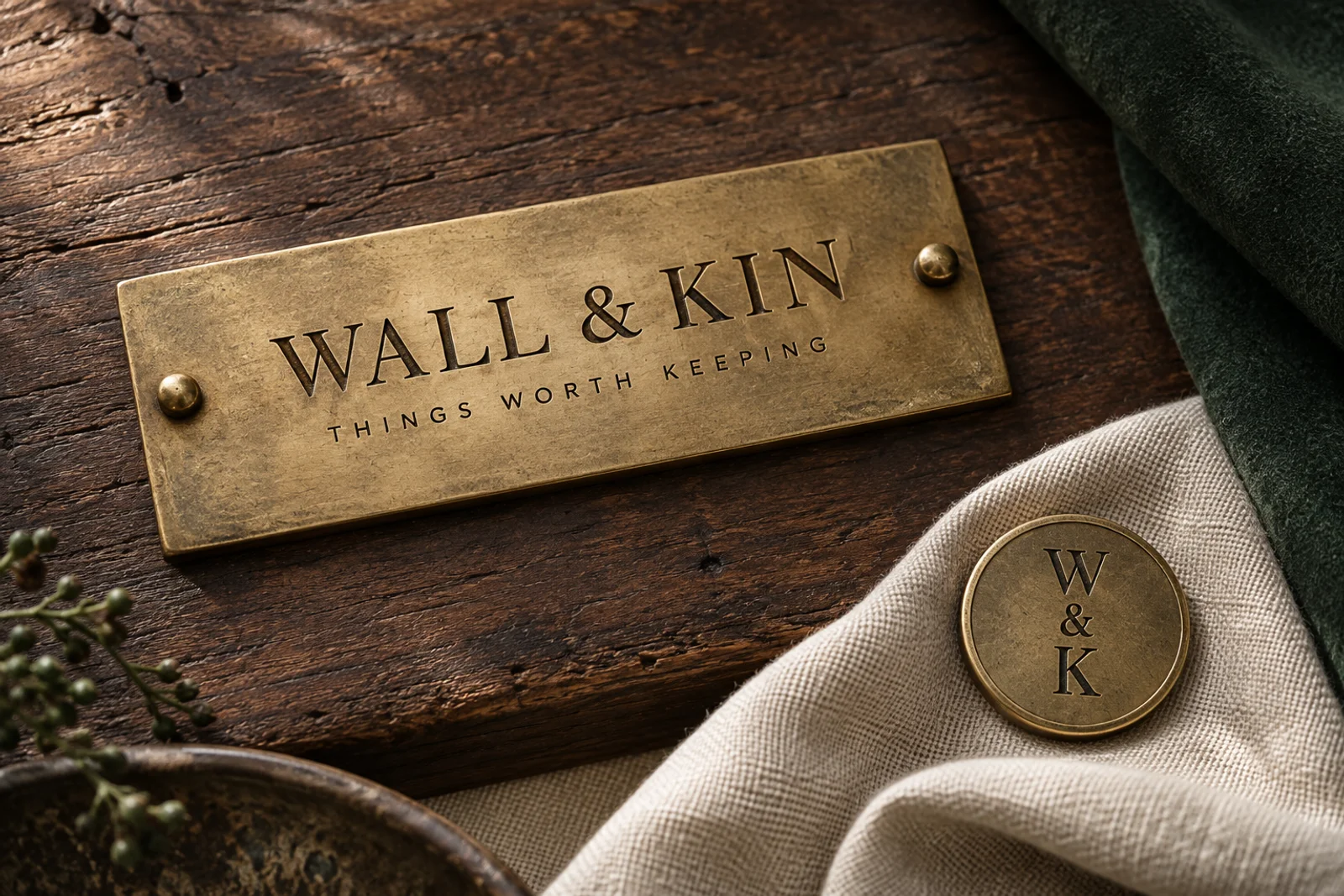 Wall and Kin engraved brass nameplate and monogram on walnut, linen and forest-green fabric