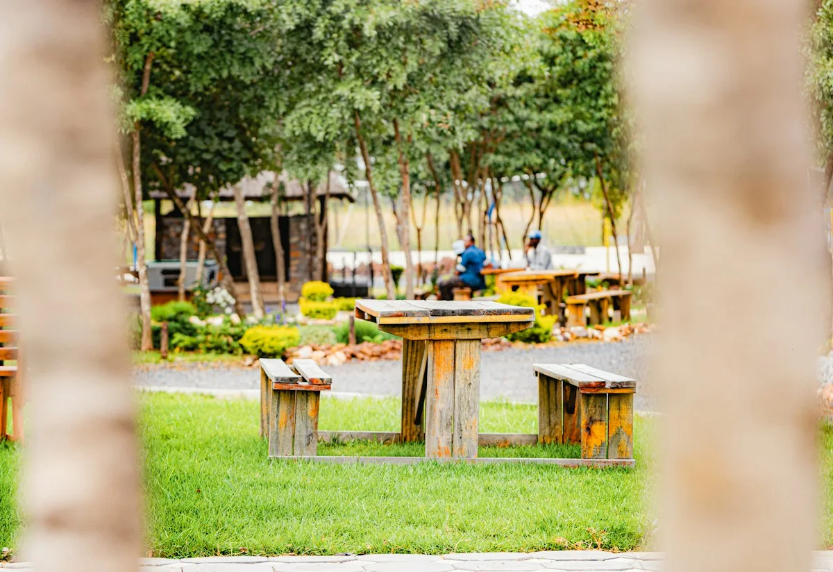 Outdoor tables and benches arranged for people to gather among trees