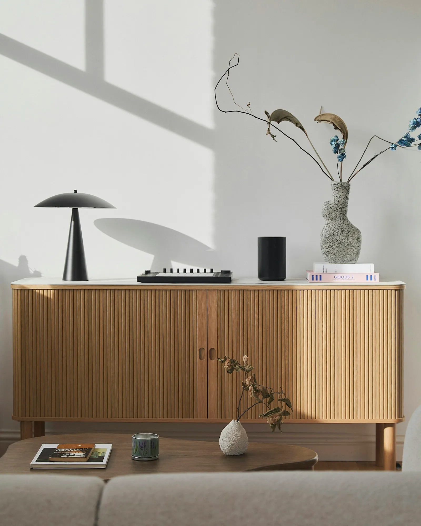 Detail of a timber sideboard with recessed handles